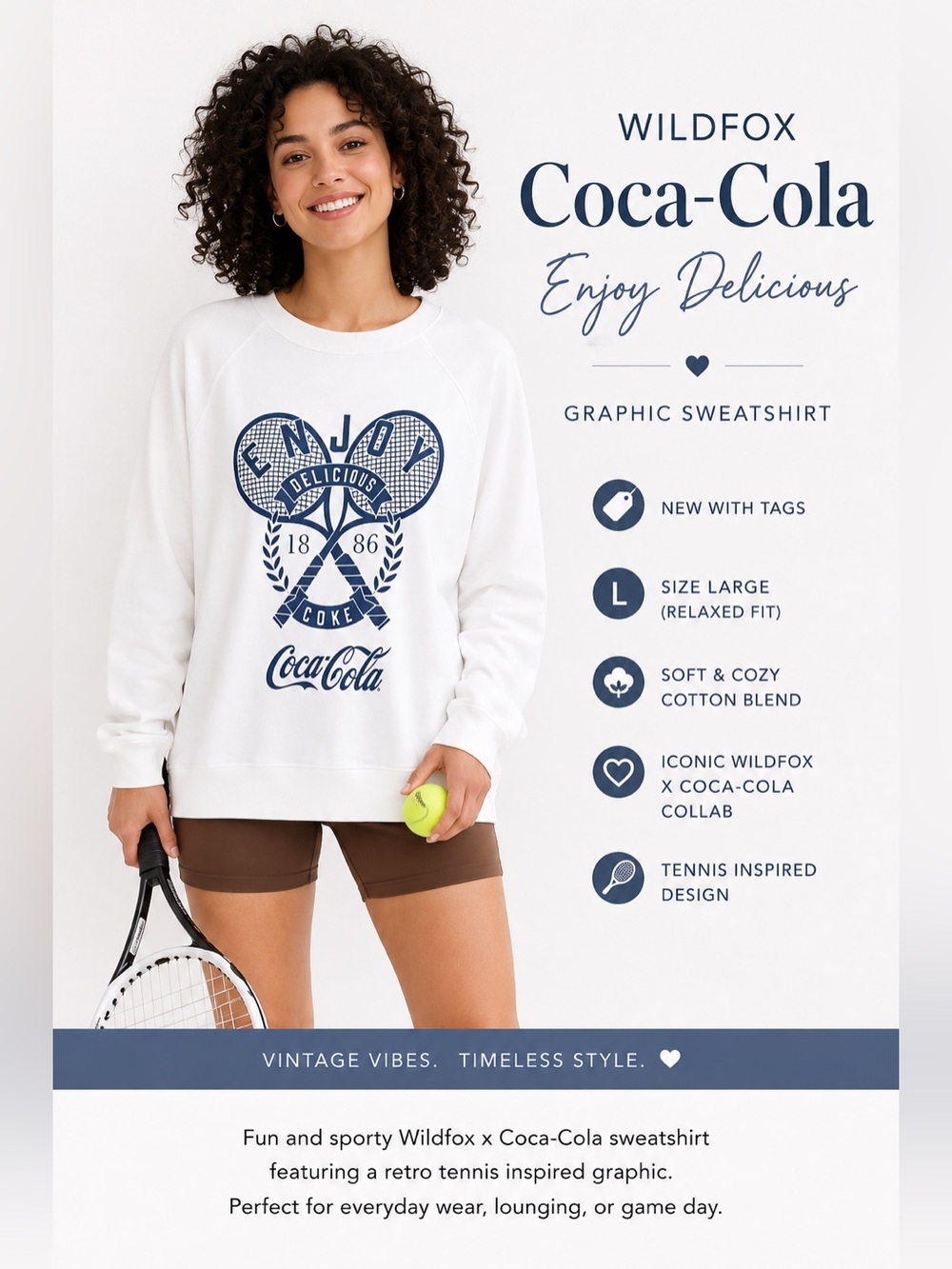 NWT Wildfox x Coca-Cola Tennis Graphic Sweatshirt White Blue SZ Large comfy Fit